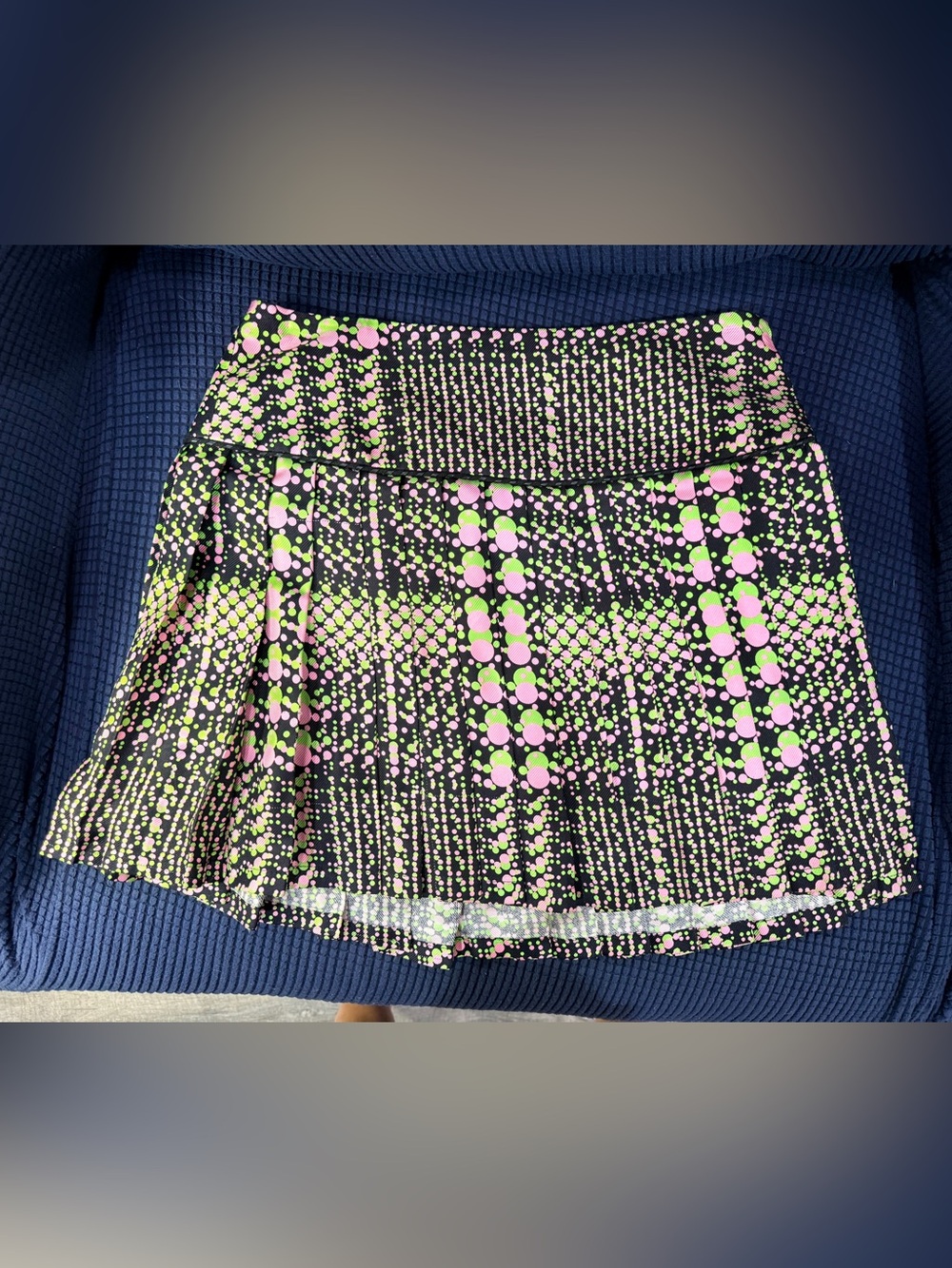 Versace Vintage Black Pleated Skirt with Pink & Lime Dot Pattern